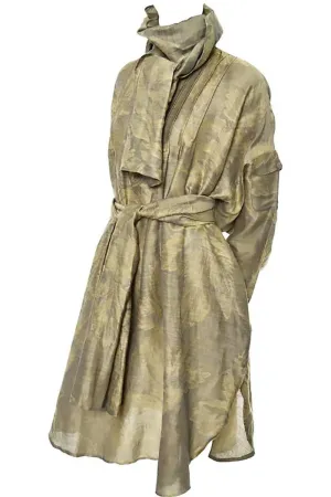 1980s Salvatore Ferragamo Taupe Gold Vintage Linen Tunic Dress One Size