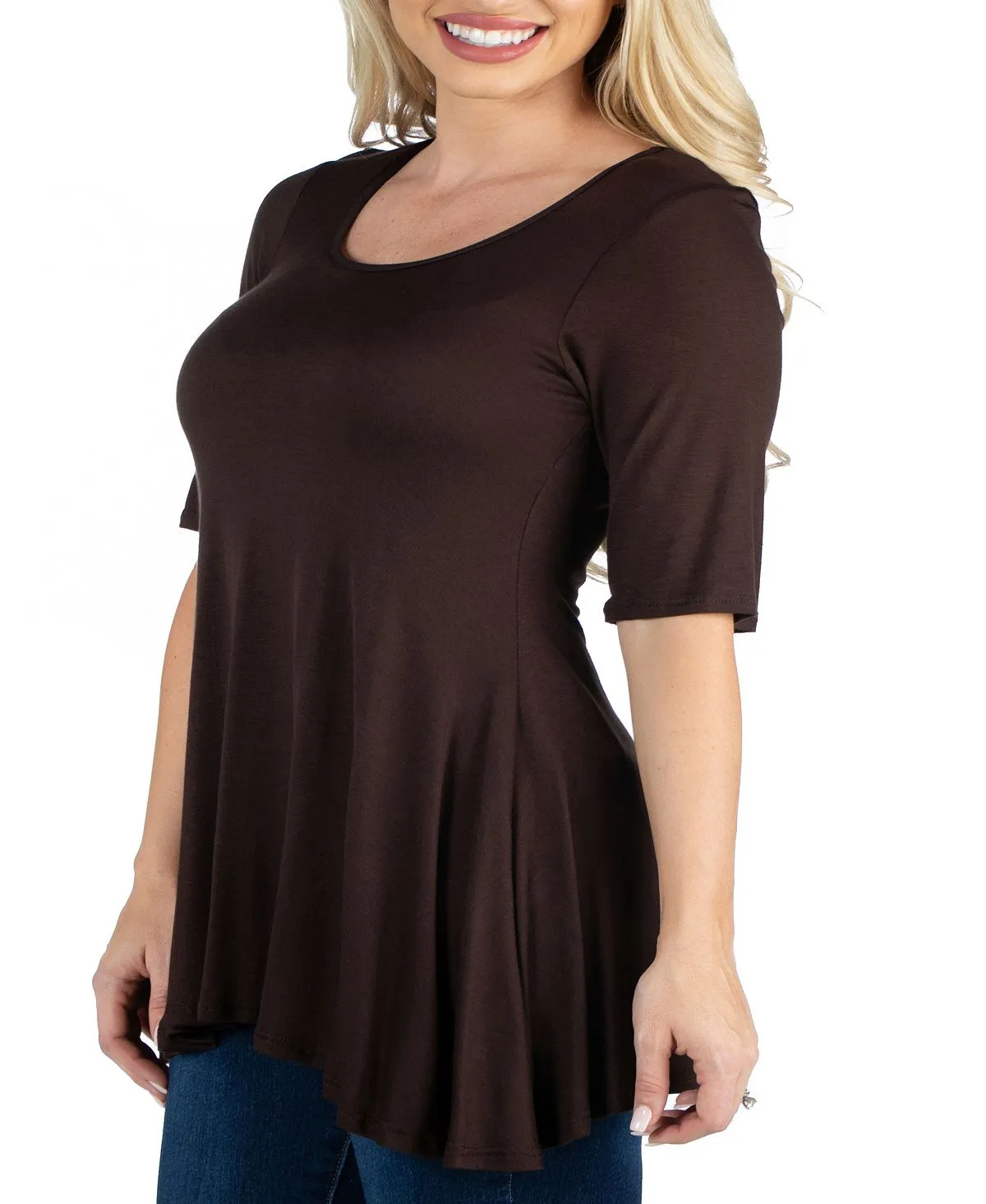 24seven Comfort Apparel Women's Elbow Sleeve Tunic Top, Brown