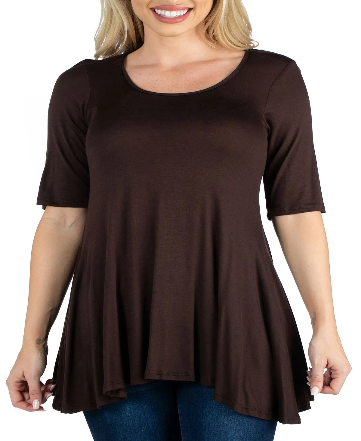 24seven Comfort Apparel Women's Elbow Sleeve Tunic Top, Brown