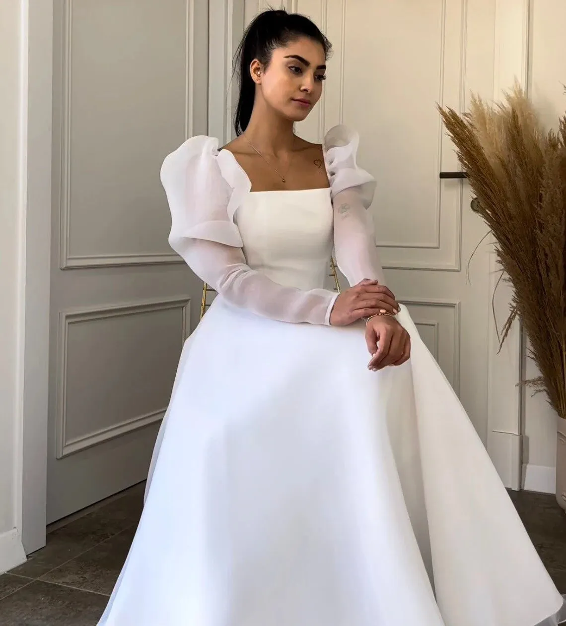 A Line Ankle Length long sleeve chiffon Wedding dress