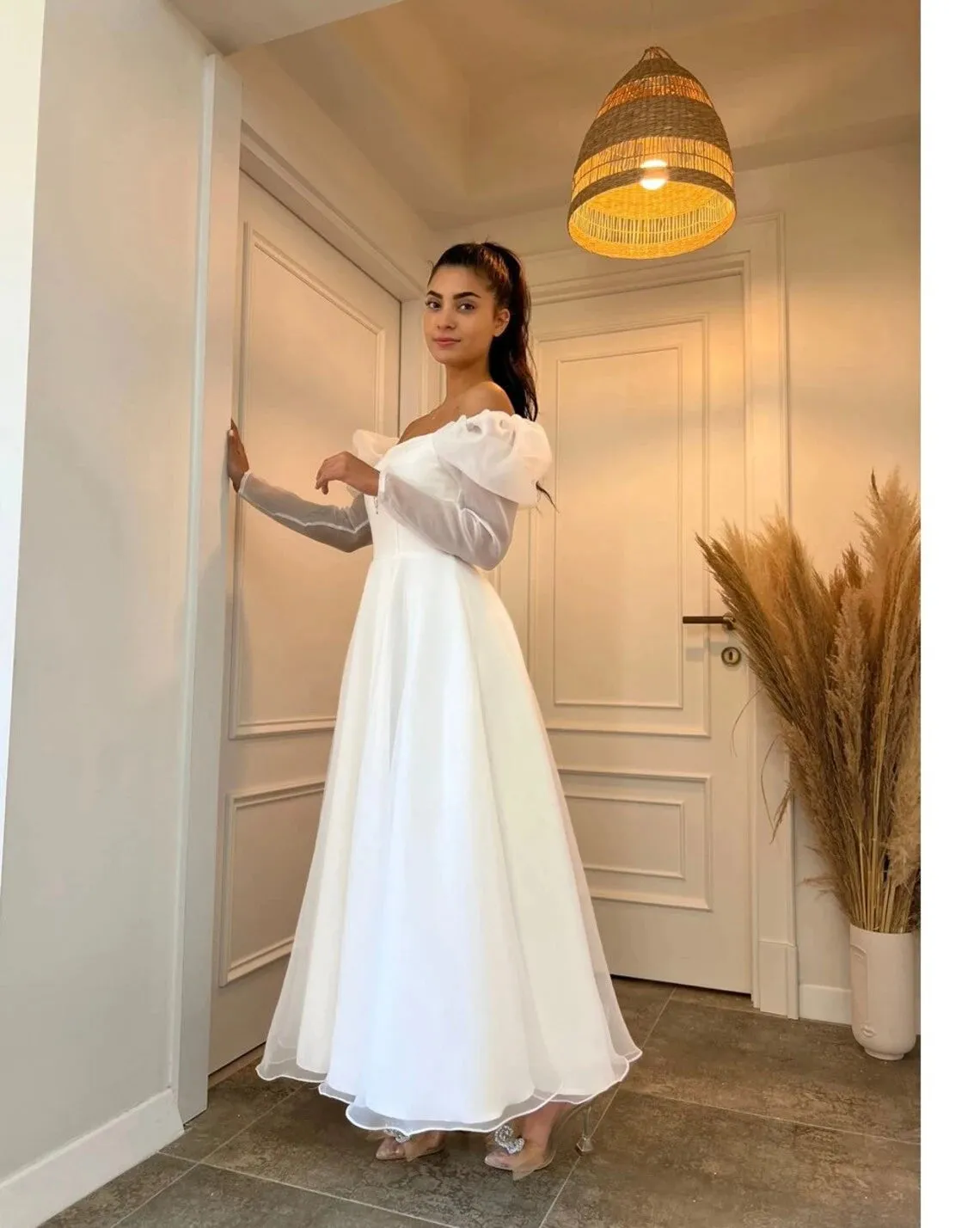 A Line Ankle Length long sleeve chiffon Wedding dress