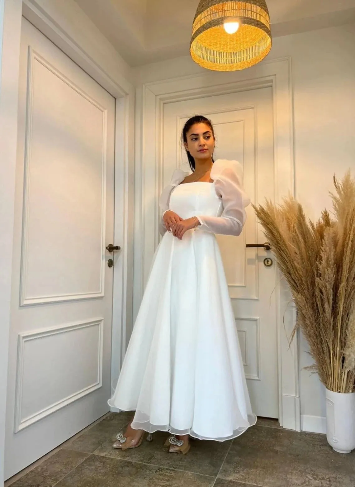 A Line Ankle Length long sleeve chiffon Wedding dress