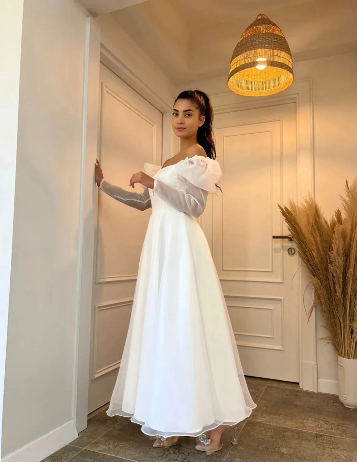 A Line Ankle Length long sleeve chiffon Wedding dress