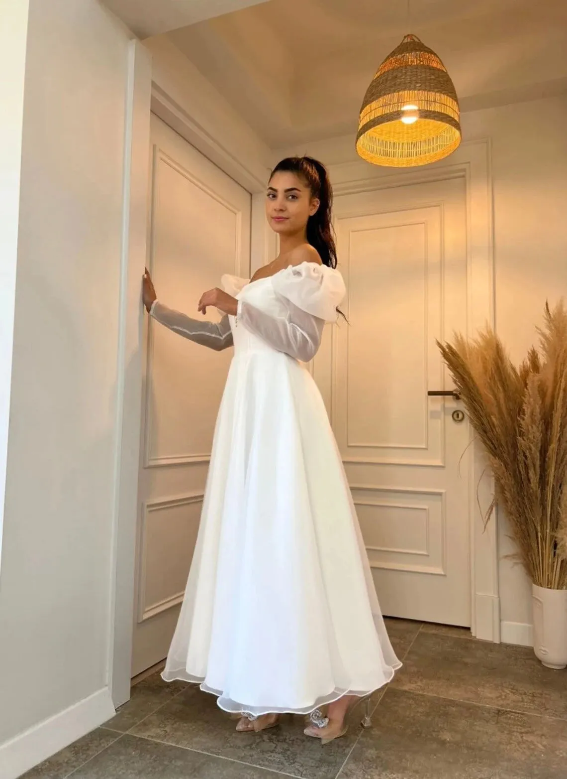 A Line Ankle Length long sleeve chiffon Wedding dress