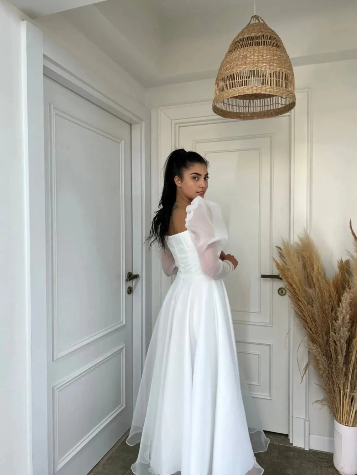 A Line Ankle Length long sleeve chiffon Wedding dress
