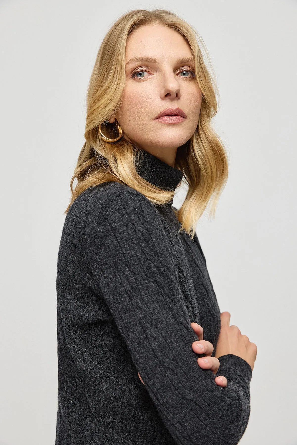 Anthracite Australian Wool and Cashmere Amelia Braided Turtleneck Women's Sweater