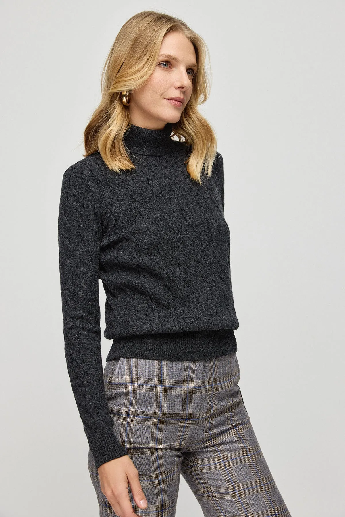 Anthracite Australian Wool and Cashmere Amelia Braided Turtleneck Women's Sweater