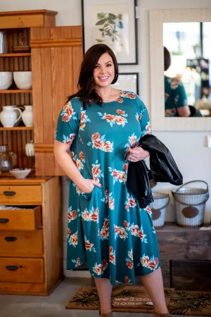 April Dress Teal & Tan Floral