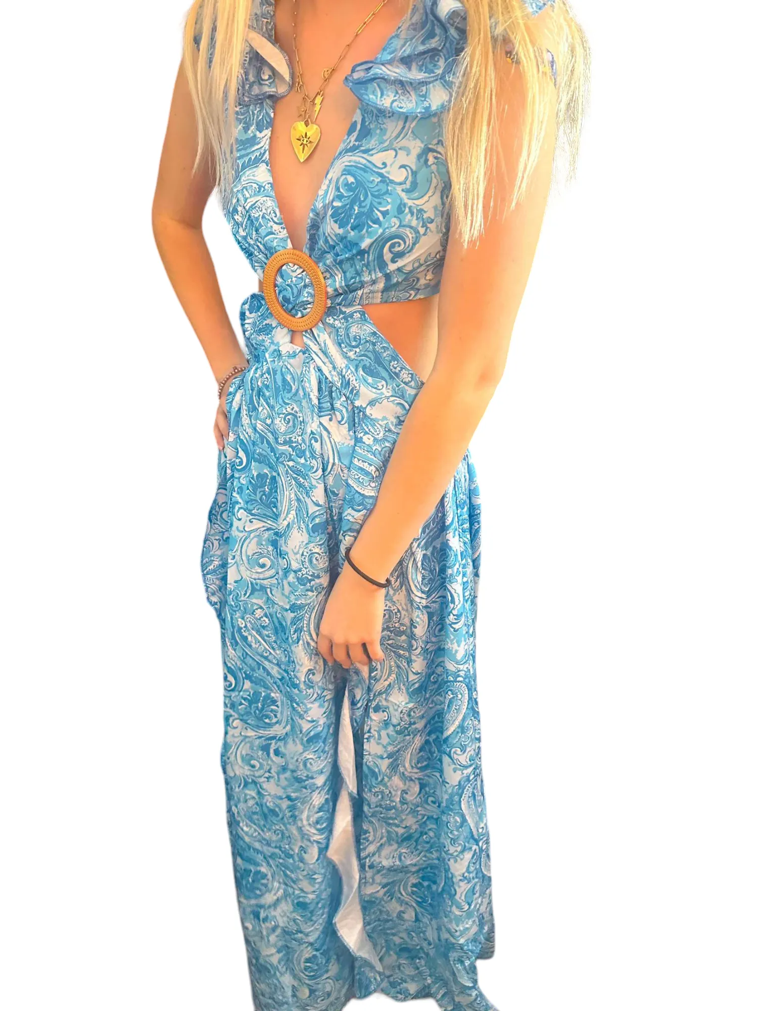 Azure Blooms Backless Maxi Dress