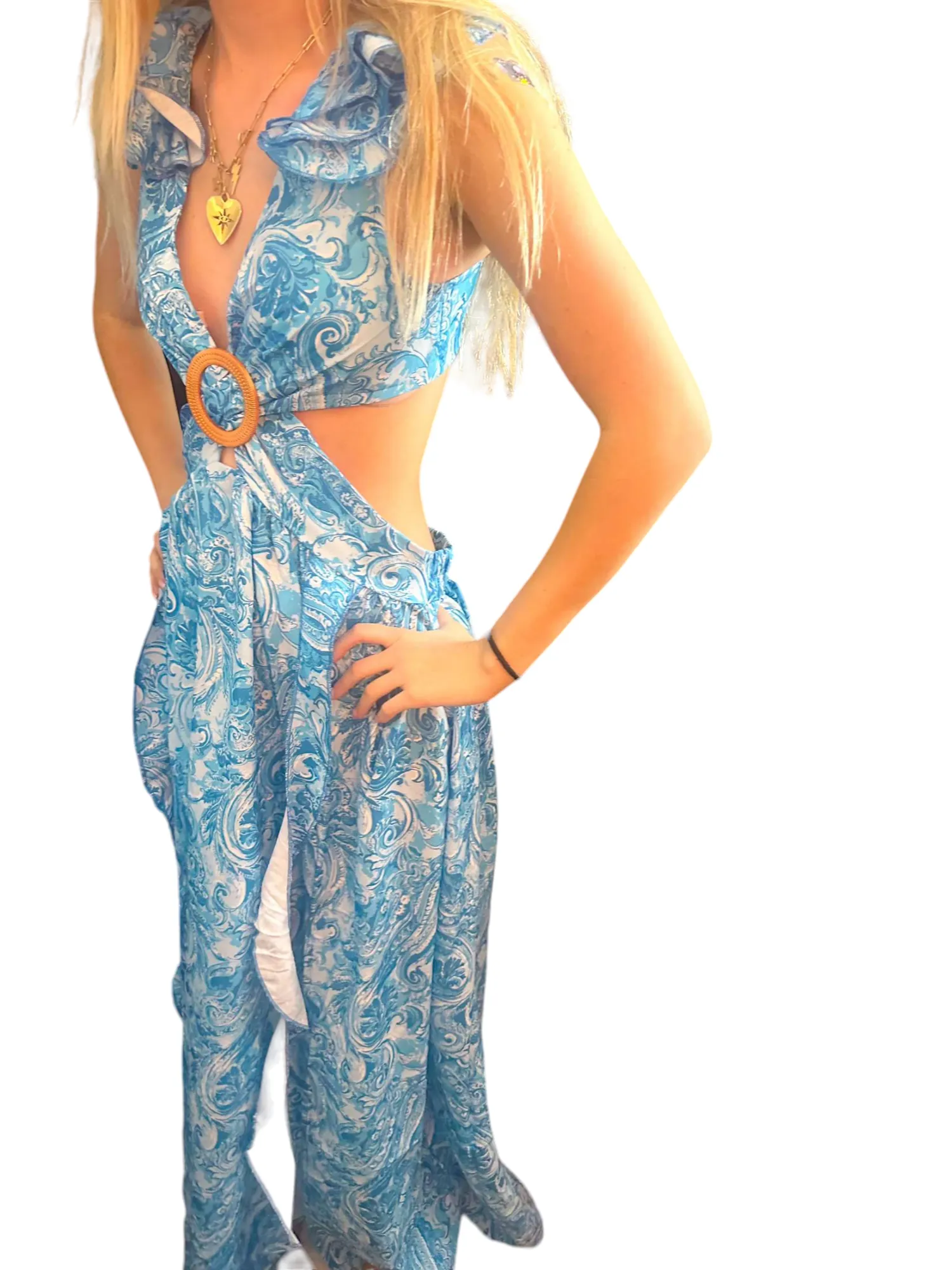 Azure Blooms Backless Maxi Dress