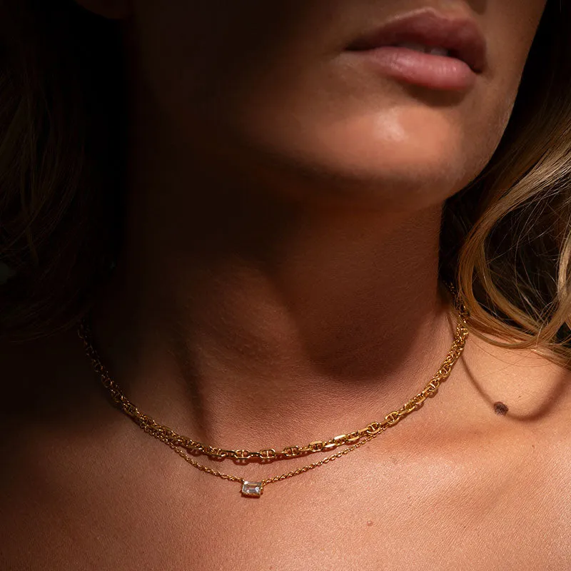 Baguette Mini Necklace, White Topaz, 9kt Yellow Gold