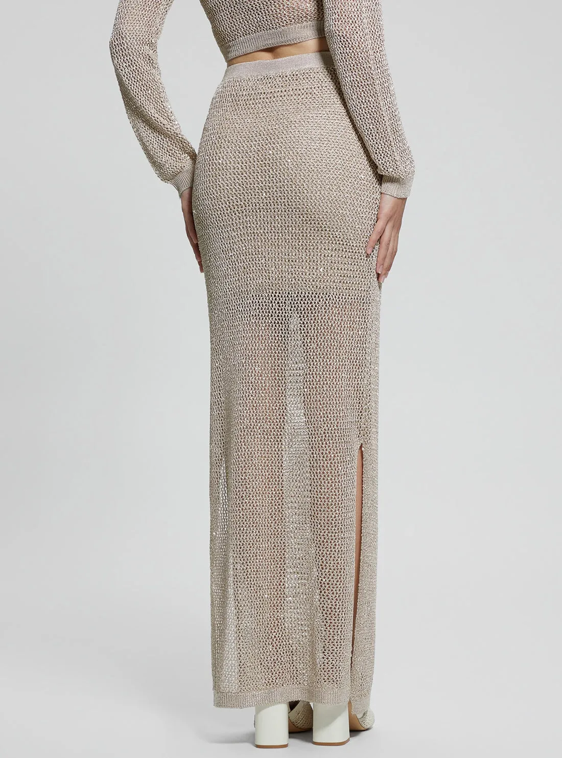 Beige Morgen Sequin Maxi Knit Skirt
