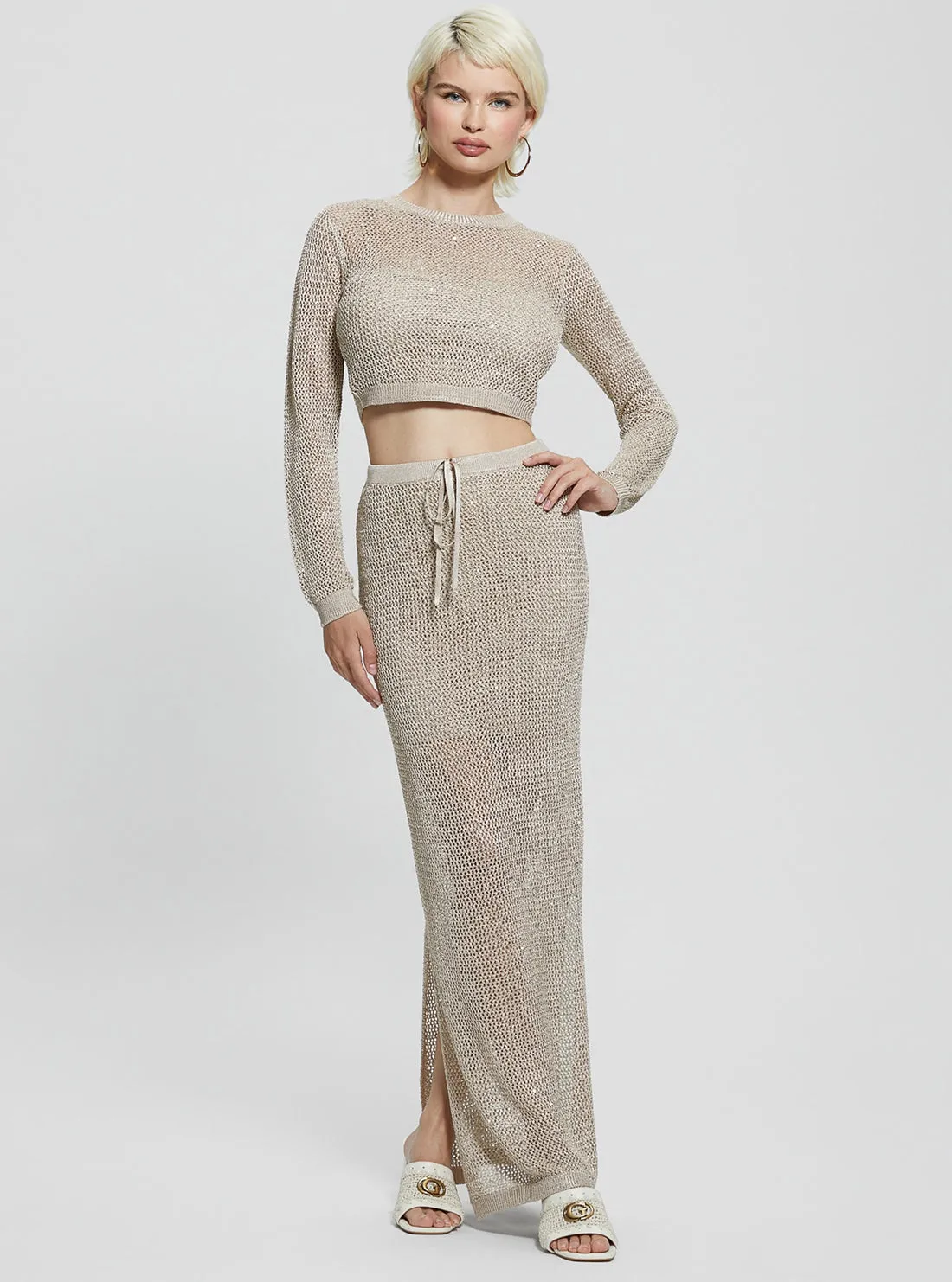 Beige Morgen Sequin Maxi Knit Skirt