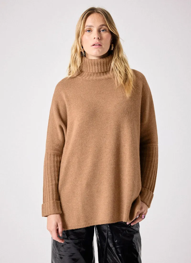 Cashmere Turtleneck Poncho with Ribbed Sleeves