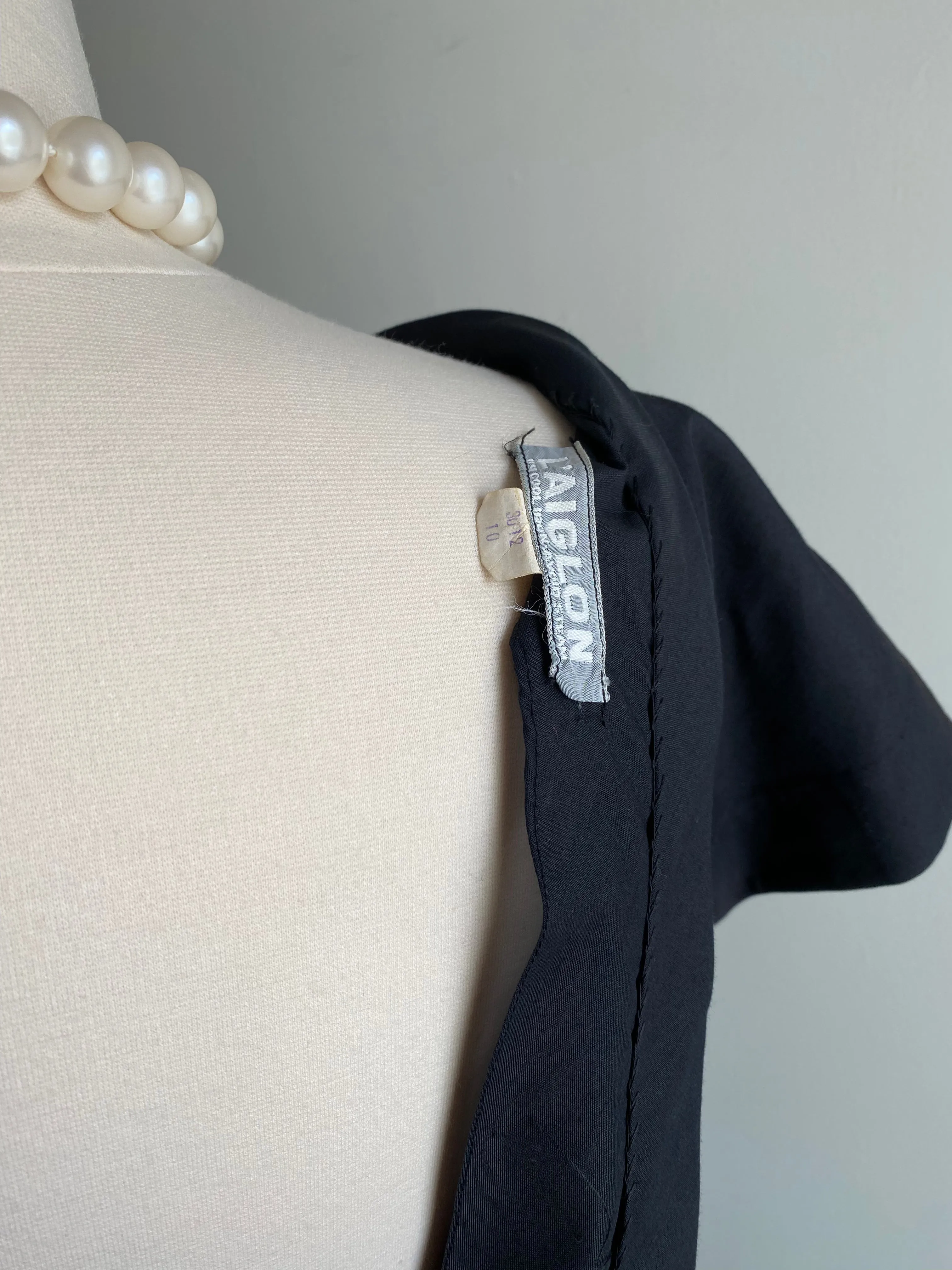Charming 1950's Black Cotton Dress With Emerald Bow By L'Aignon / Small