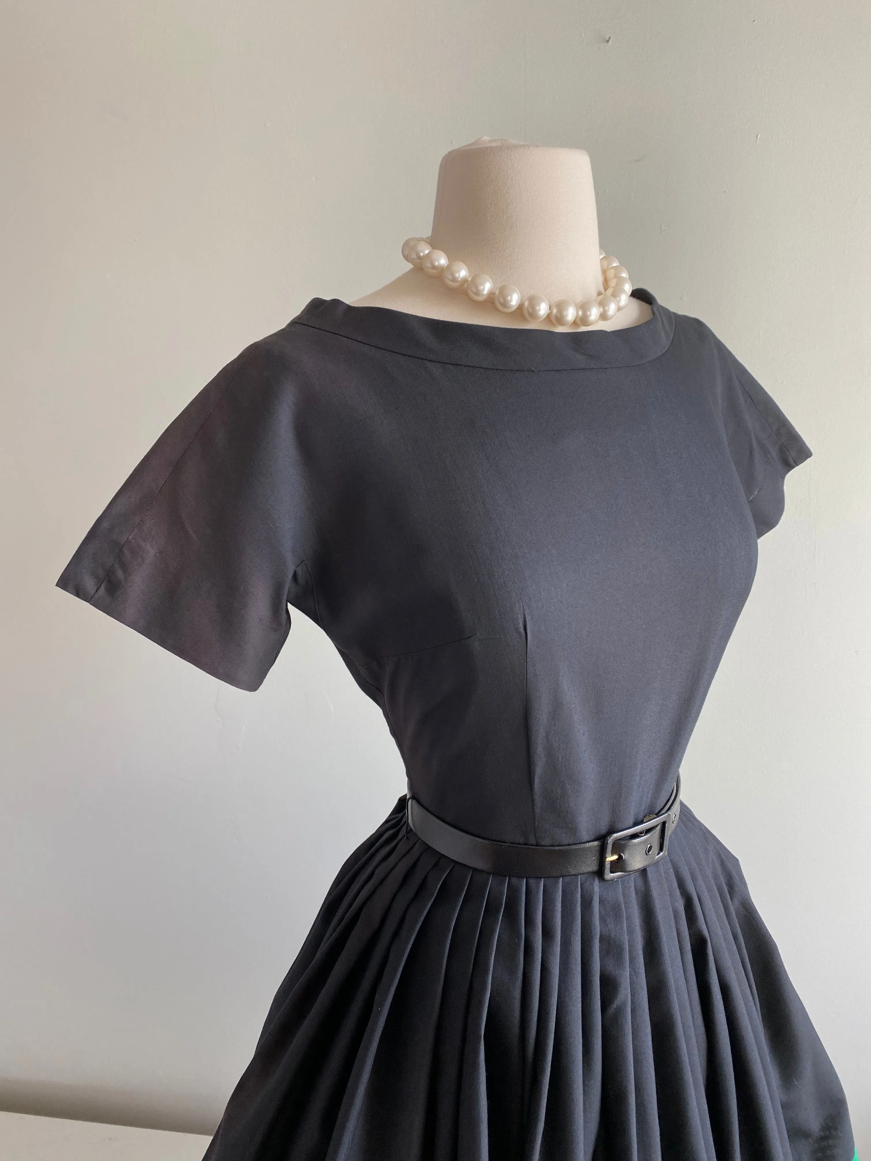 Charming 1950's Black Cotton Dress With Emerald Bow By L'Aignon / Small