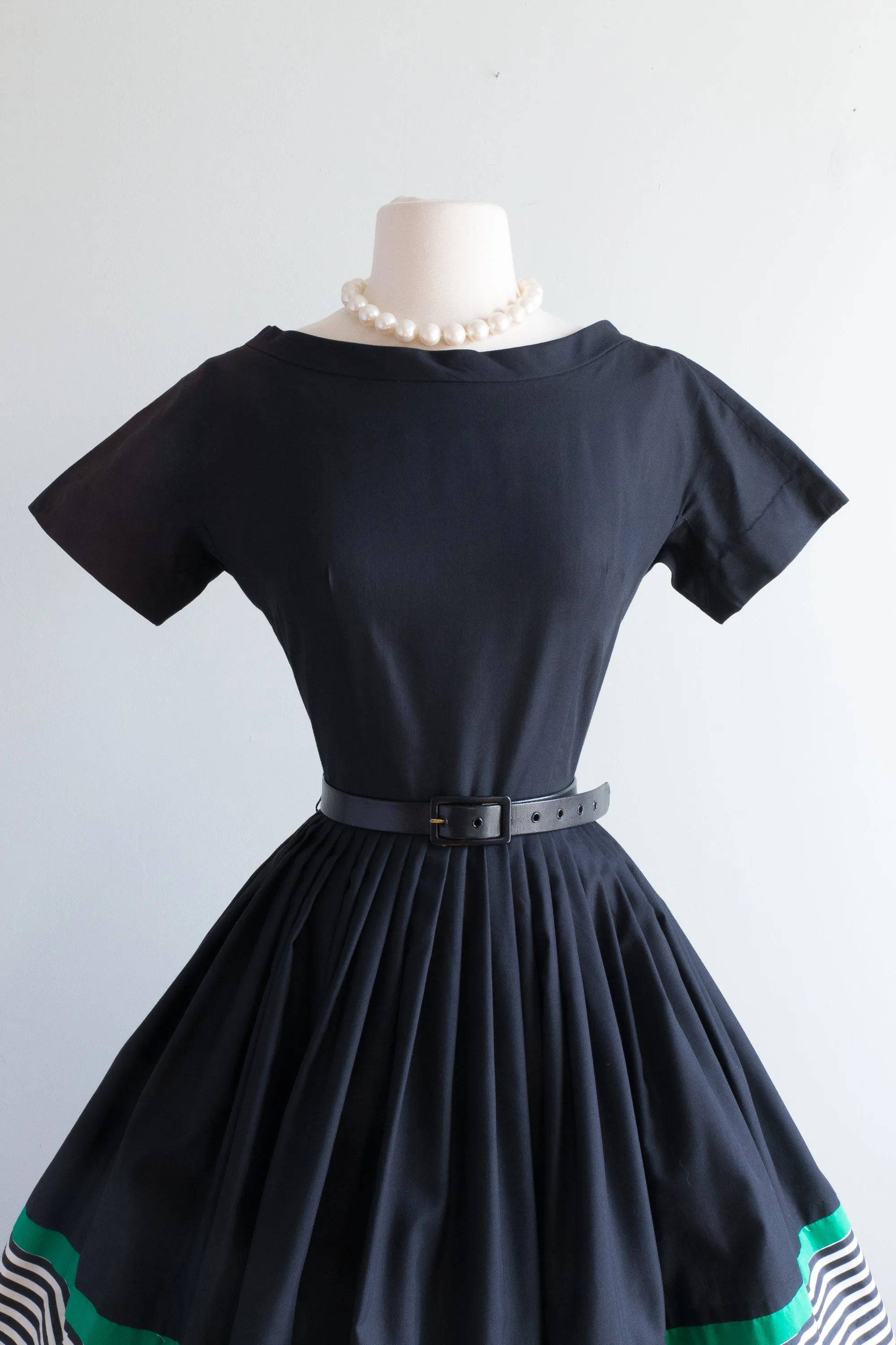 Charming 1950's Black Cotton Dress With Emerald Bow By L'Aignon / Small