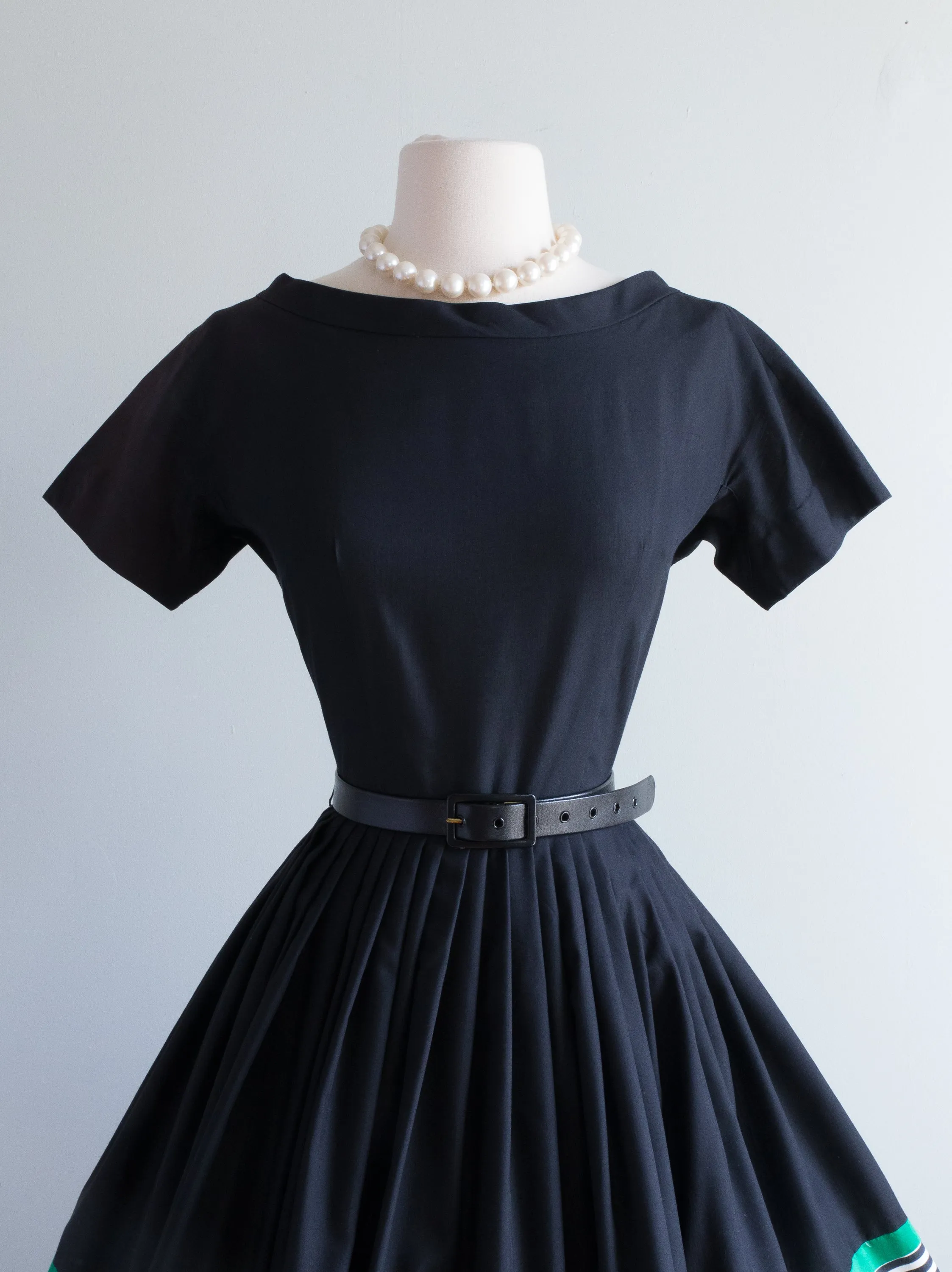 Charming 1950's Black Cotton Dress With Emerald Bow By L'Aignon / Small