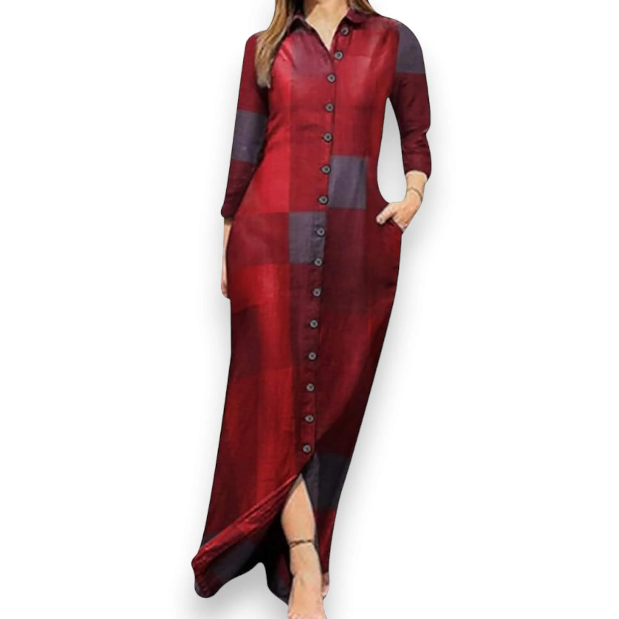 Checkered Button Down Maxi Shirt Dress