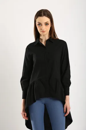 Cotton Linen Front Button Shirt Tunic in Black