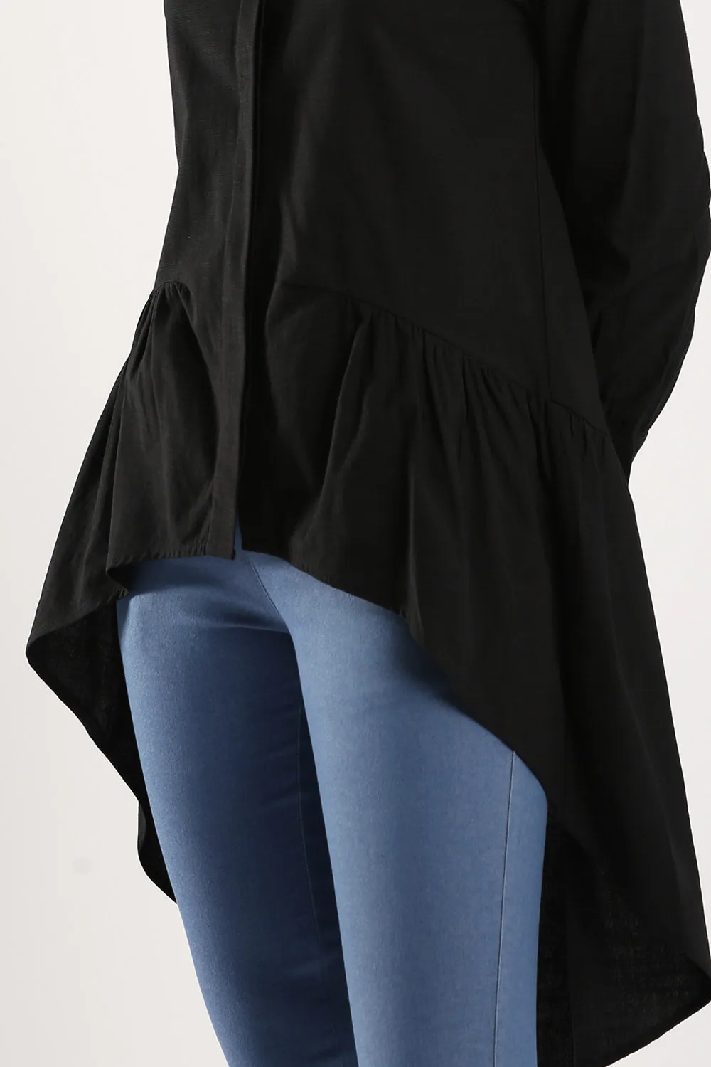 Cotton Linen Front Button Shirt Tunic in Black