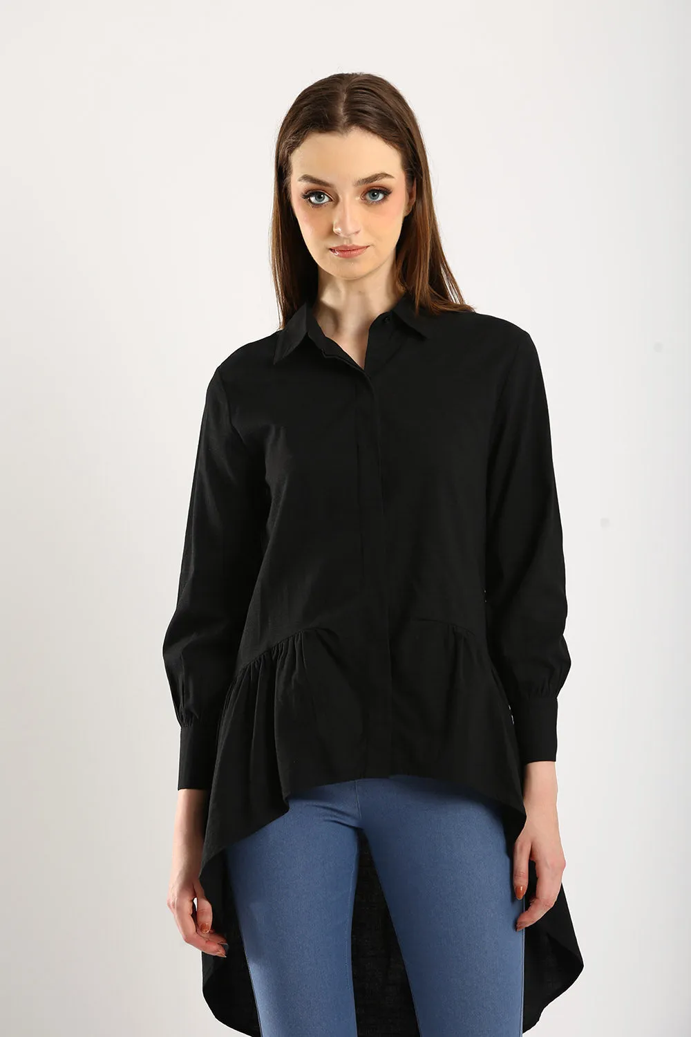 Cotton Linen Front Button Shirt Tunic in Black
