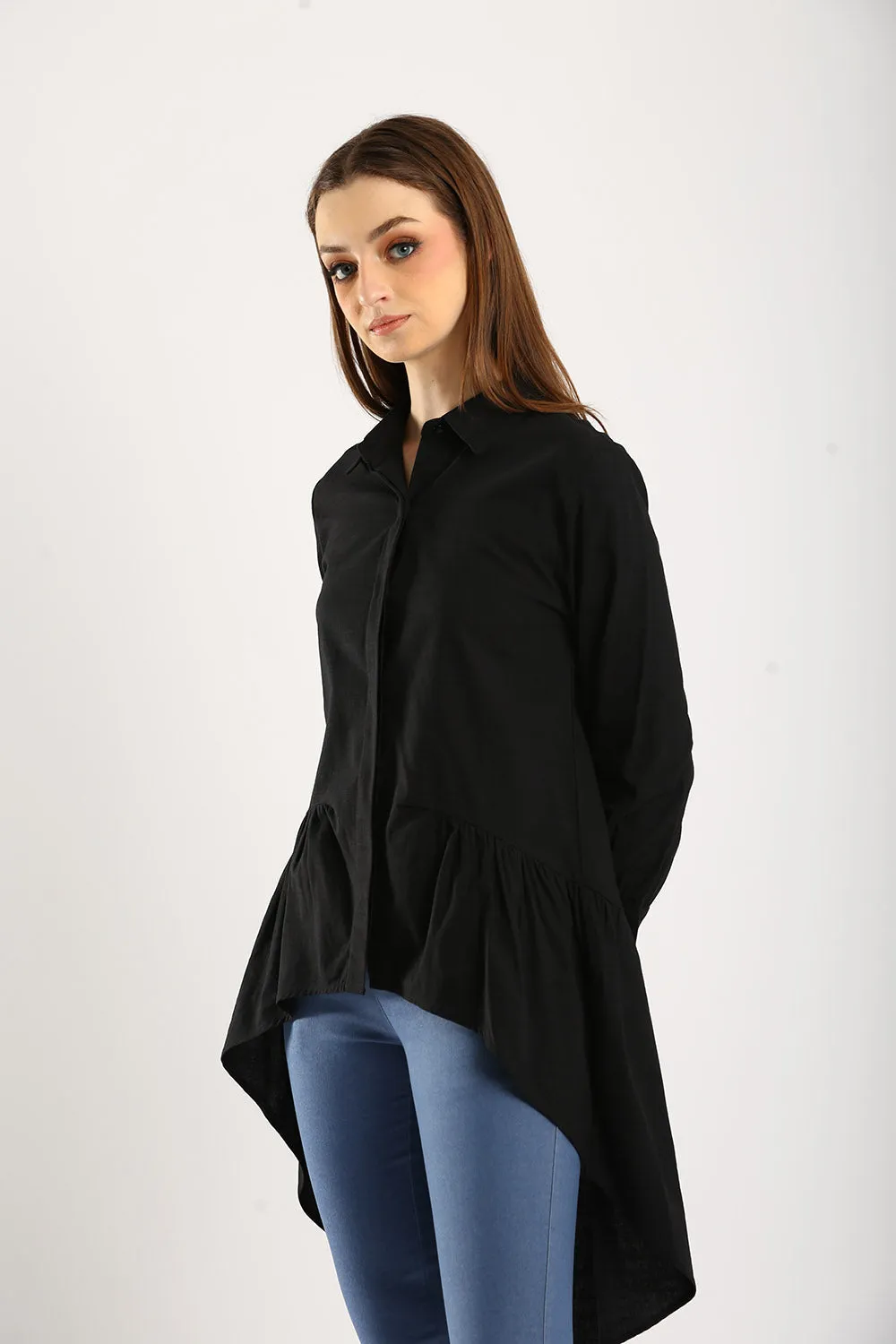 Cotton Linen Front Button Shirt Tunic in Black