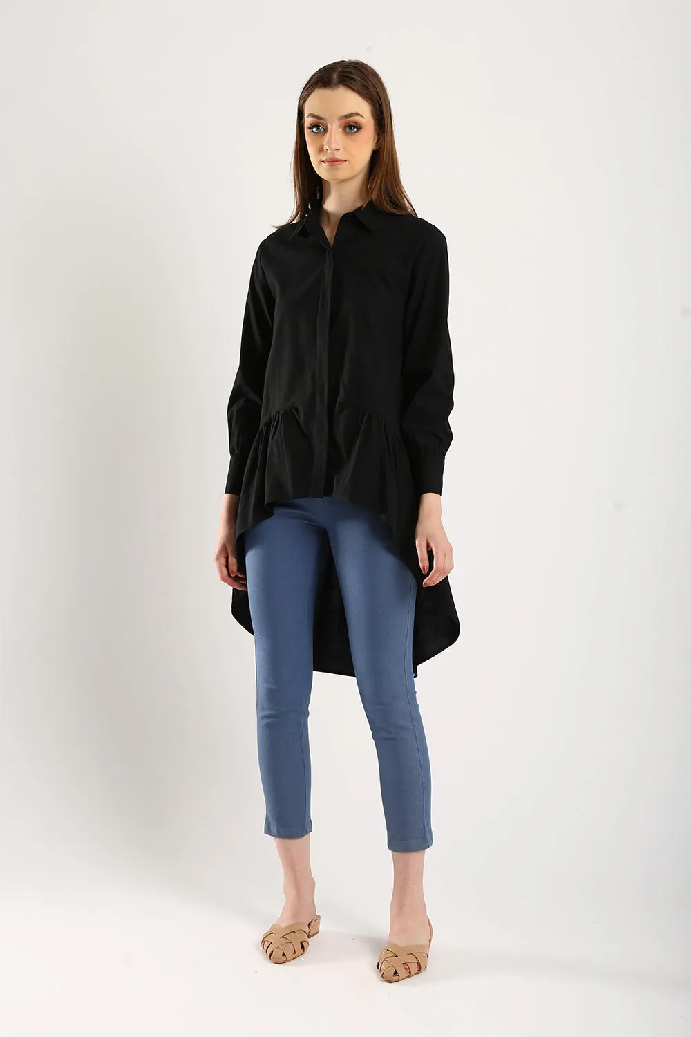 Cotton Linen Front Button Shirt Tunic in Black