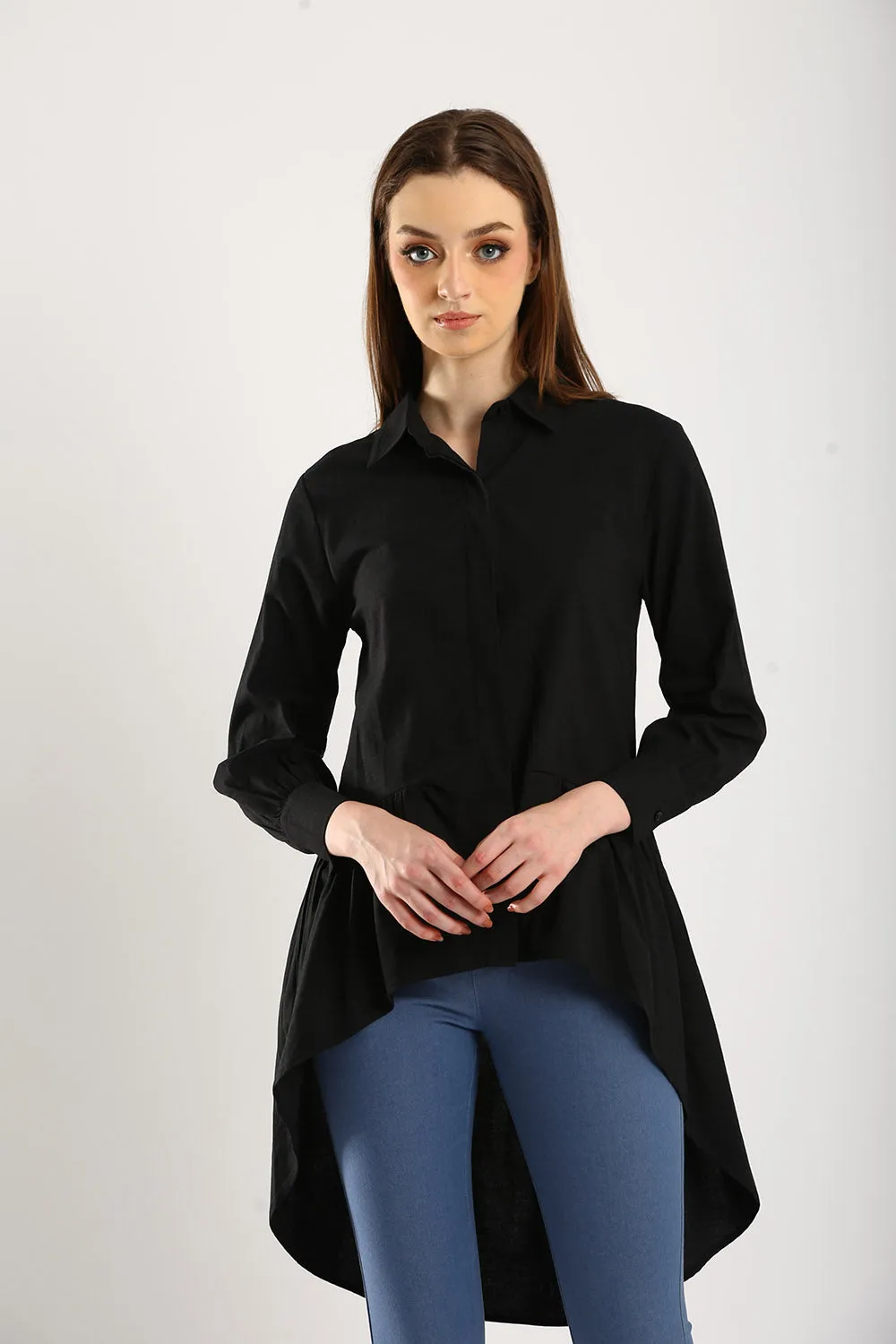 Cotton Linen Front Button Shirt Tunic in Black