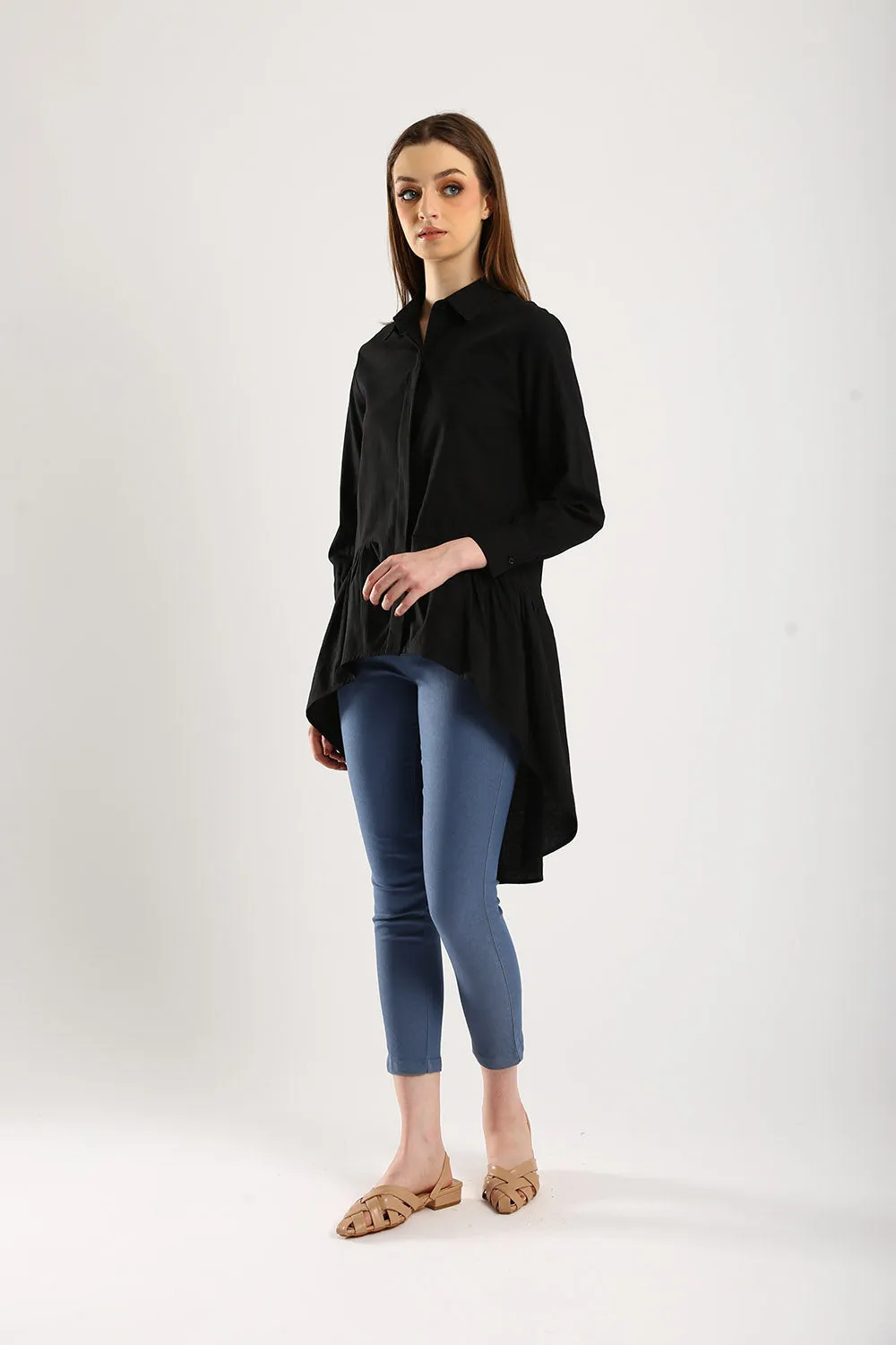Cotton Linen Front Button Shirt Tunic in Black