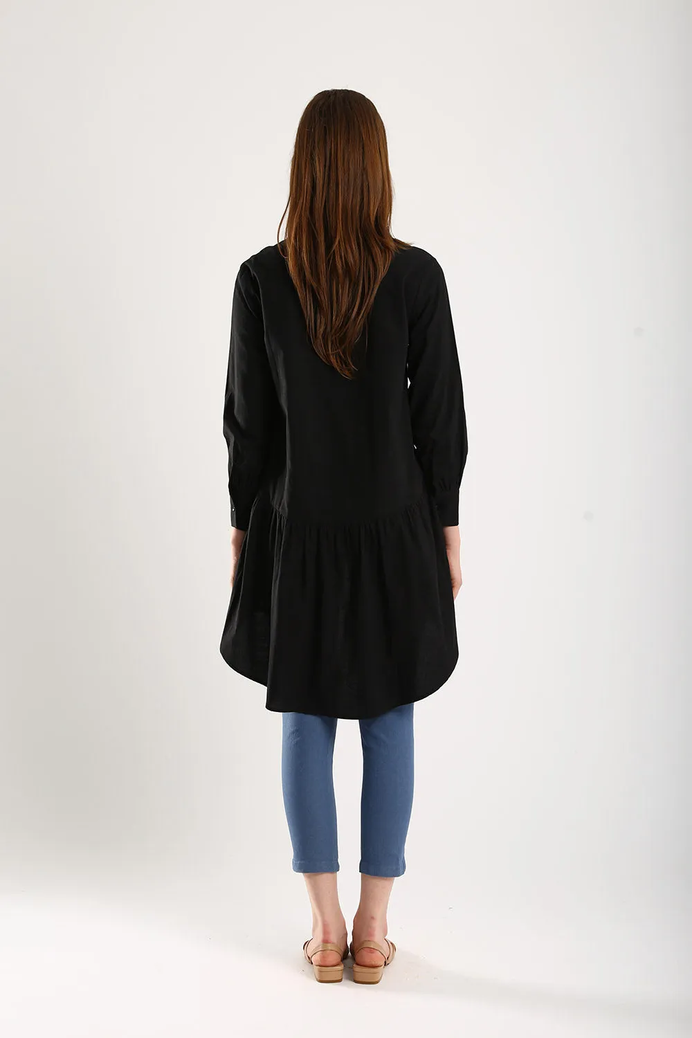 Cotton Linen Front Button Shirt Tunic in Black