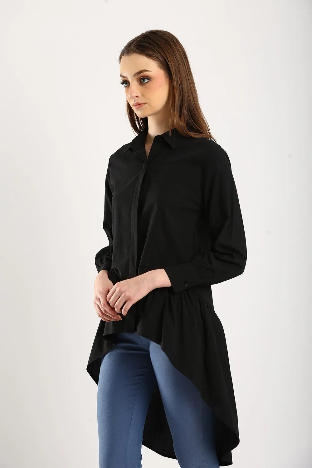 Cotton Linen Front Button Shirt Tunic in Black