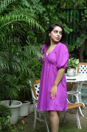 CREPE PURPLE V NECK SHORT DRESS FOR WOMEN