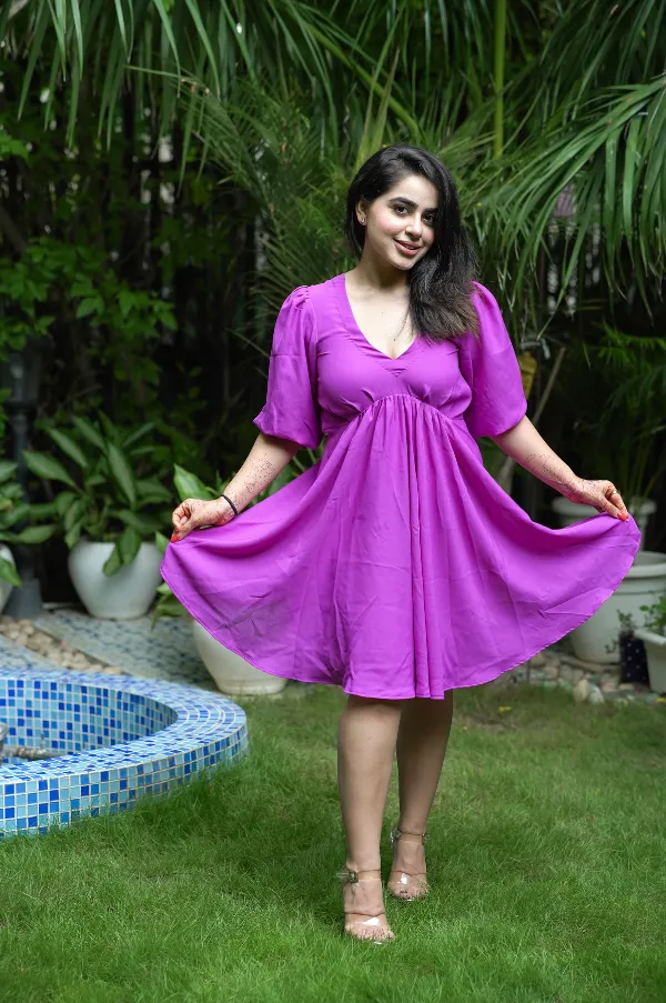 CREPE PURPLE V NECK SHORT DRESS FOR WOMEN