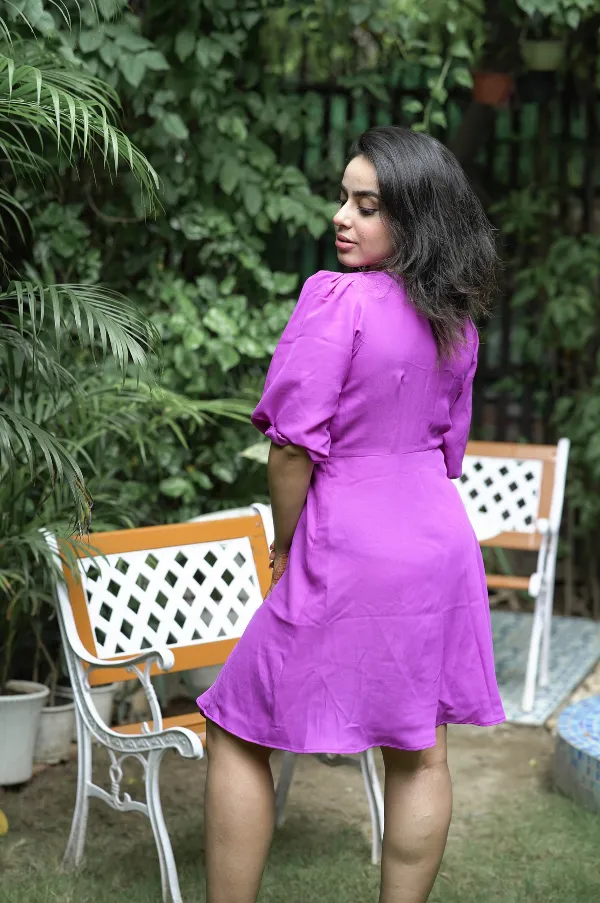 CREPE PURPLE V NECK SHORT DRESS FOR WOMEN