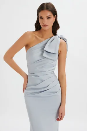 EMELIA One Shoulder Bow Pleated Maxi Dress in Dusty Blue