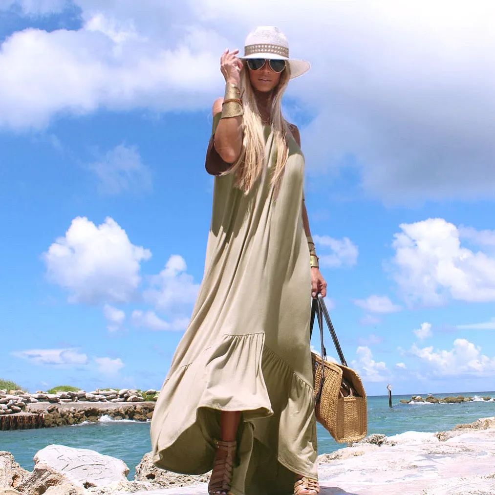 Fern Taupe Off-Shoulder Ruffle bottom dress - The Monaco