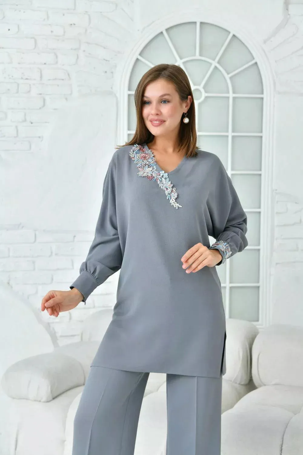 Floral Patterned Tunic Women's Suit - Gray