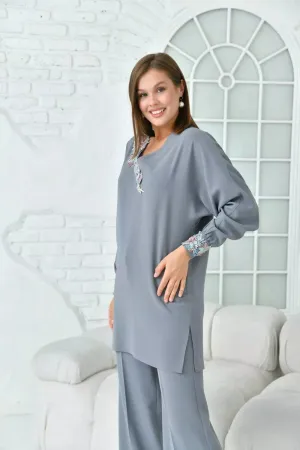 Floral Patterned Tunic Women's Suit - Gray
