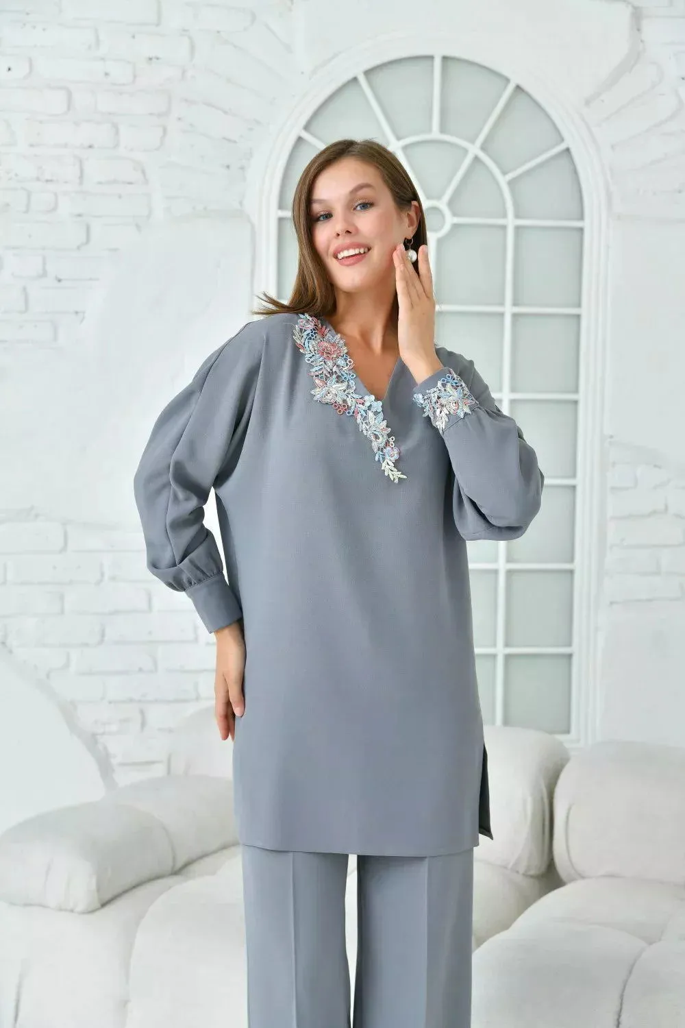 Floral Patterned Tunic Women's Suit - Gray