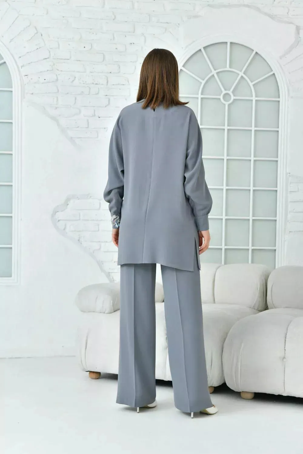 Floral Patterned Tunic Women's Suit - Gray