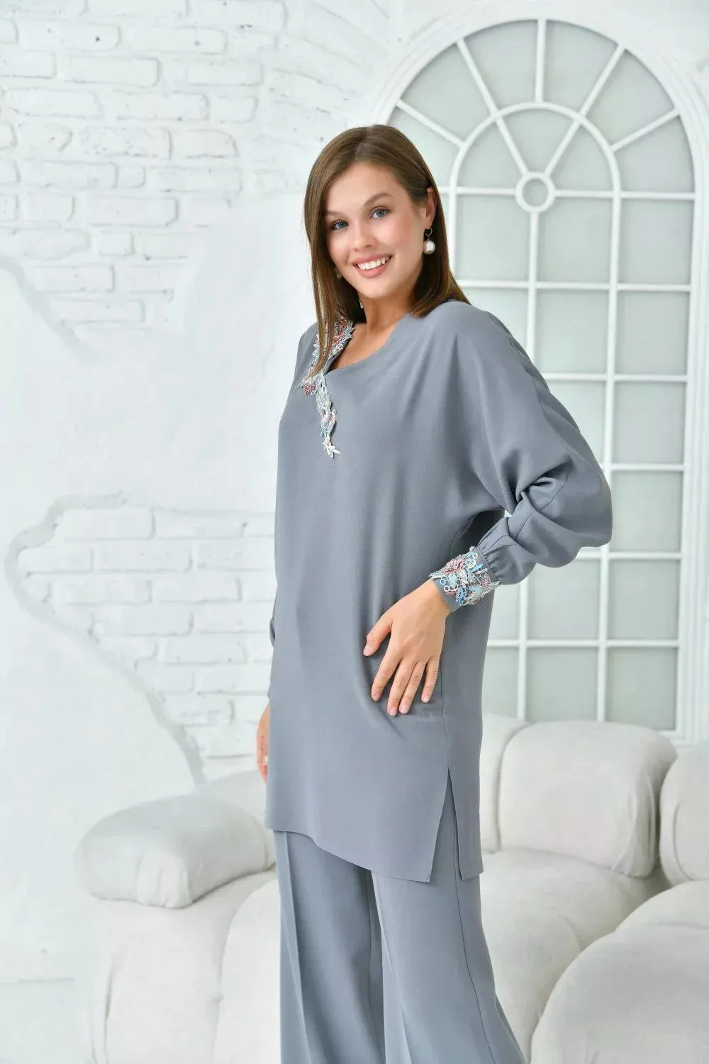Floral Patterned Tunic Women's Suit - Gray