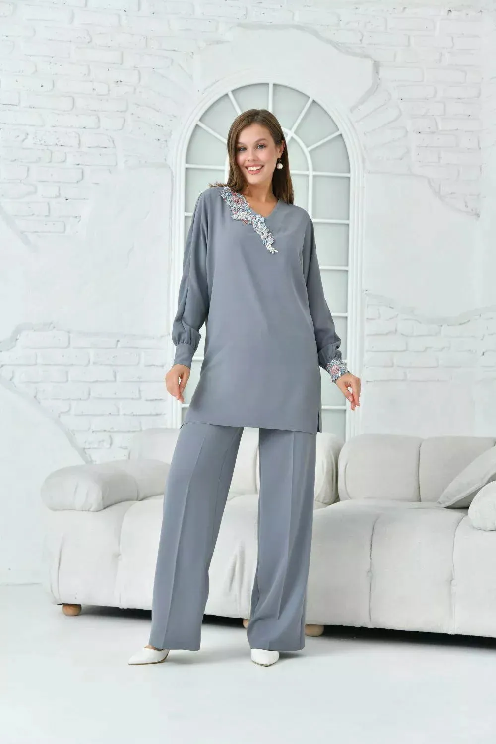 Floral Patterned Tunic Women's Suit - Gray