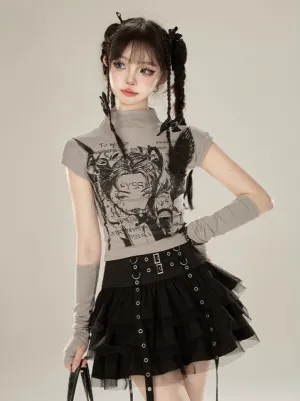 Girl Gray Print Turtleneck Half Dark