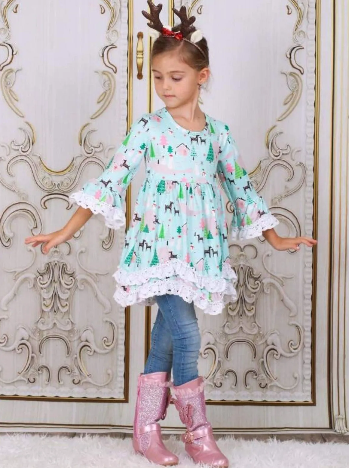 Girls Mint Reindeer And Christmas Tree Handkerchief Tunic with Lace Trim
