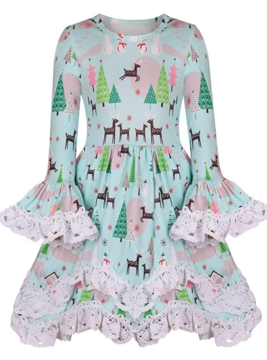 Girls Mint Reindeer And Christmas Tree Handkerchief Tunic with Lace Trim