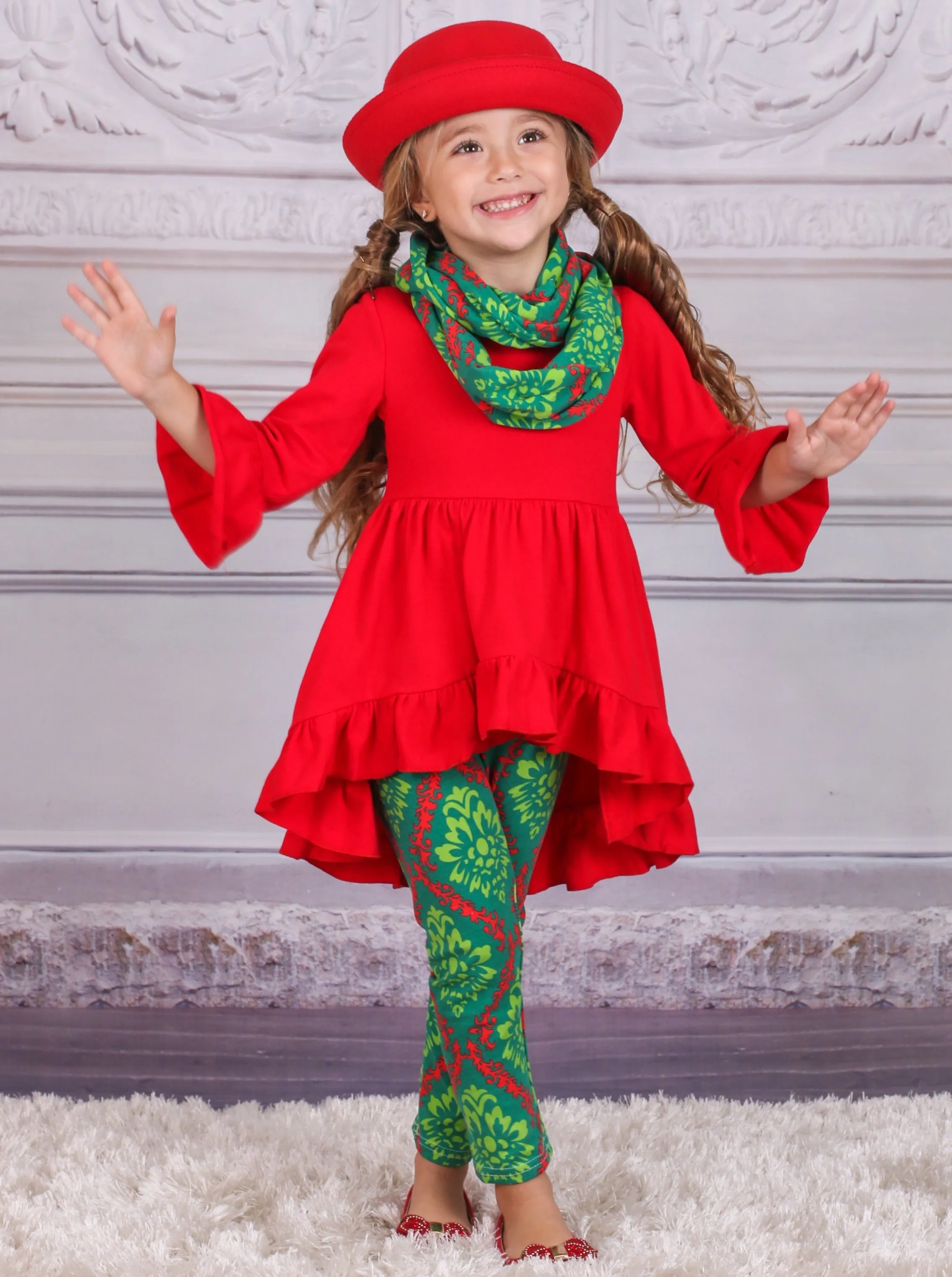 Girls Red Ruffled Tunic And Green And Red Christmas Leggings   Scarf Set
