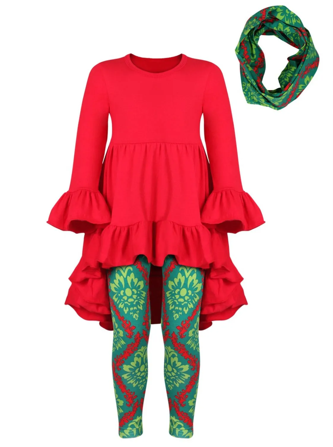 Girls Red Ruffled Tunic And Green And Red Christmas Leggings   Scarf Set