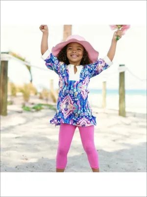 Girls Royal Magenta Medallion Print Split Neck Side Slit Tunic And Capri Legging Set