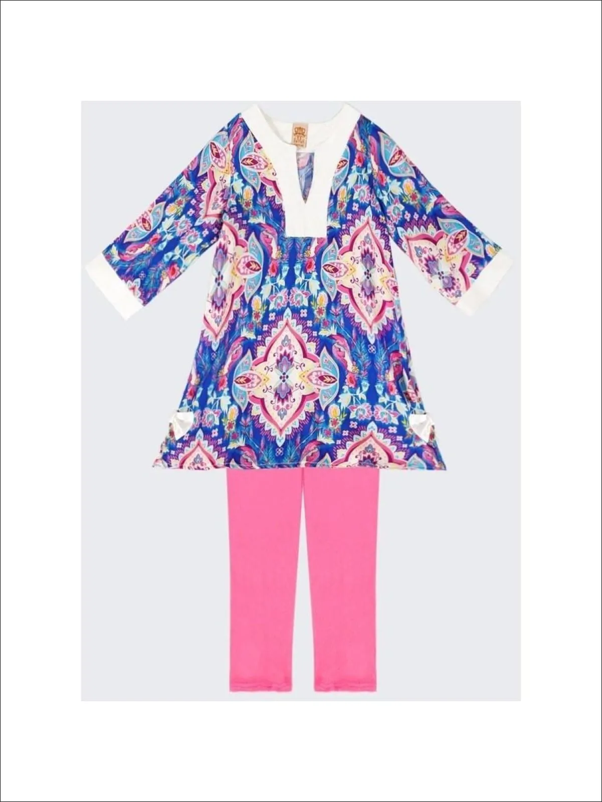 Girls Royal Magenta Medallion Print Split Neck Side Slit Tunic And Capri Legging Set